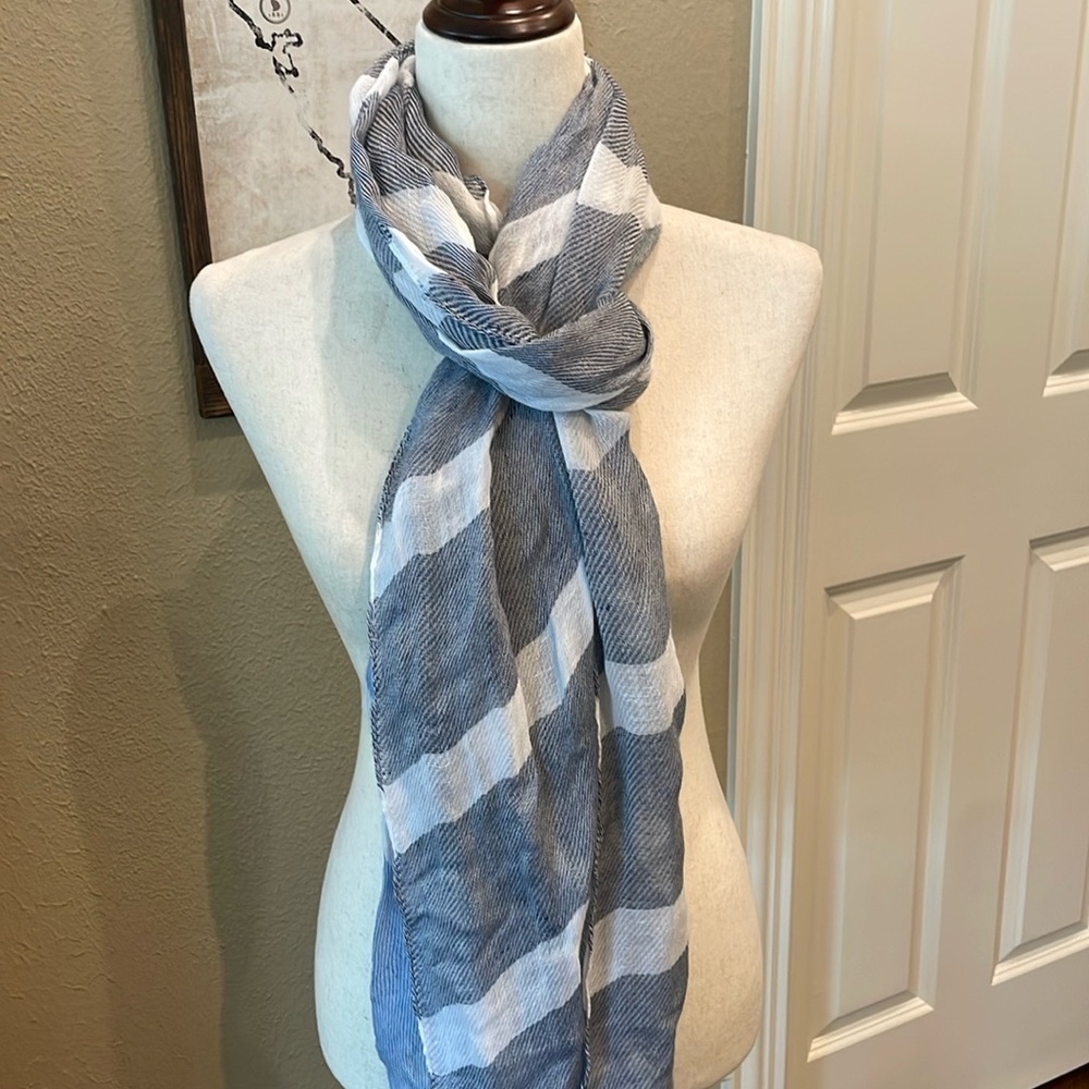 Blue and White Striped Eyelash Trim Oversized Scarf